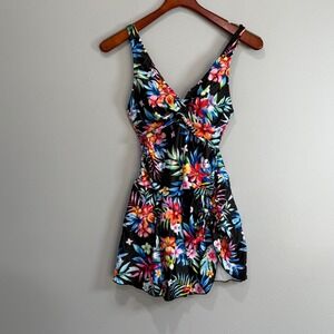 Daci Womens Floral Twist Front Swim Dress One Piece Swimsuit Black Small